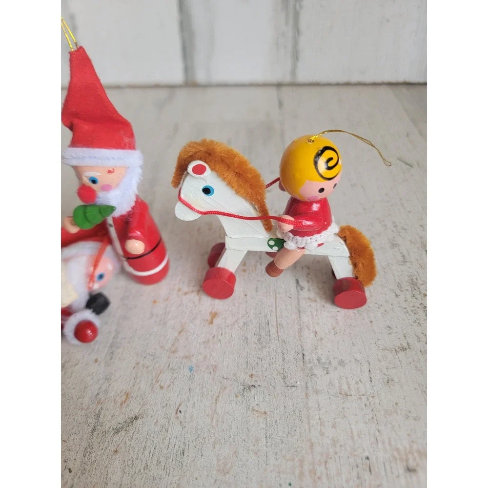 Santa Claus wooden horse vintage ornament Xmas set tree kid pipe